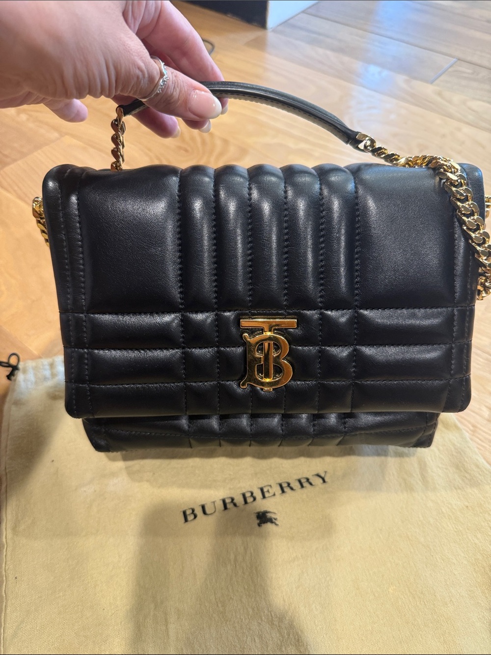 Burberry Black Quilted Leather Shoulder Bag with Gold Chain and TB Logo